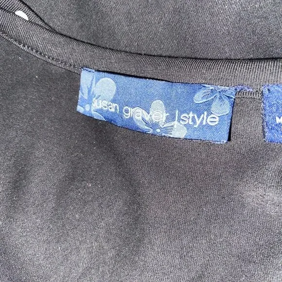 Susan Graver Style Black Top ¾ Length Sleeves Floral Embroidery SZ M - Picture 9 of 10